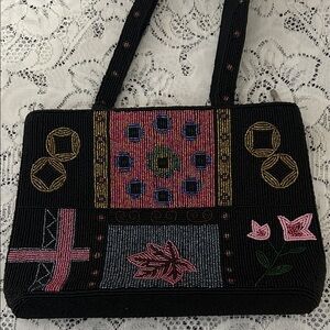 Black Beaded Handbag with Floral Design